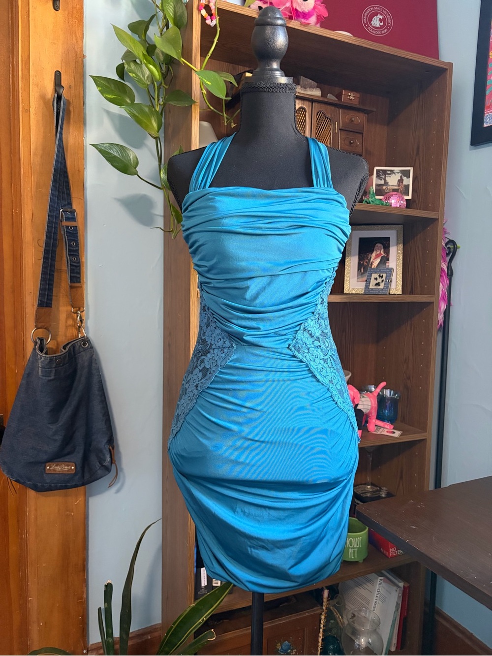 Y2K NWT Turquoise Halter Ruched Lace-Panel Bodycon Dress